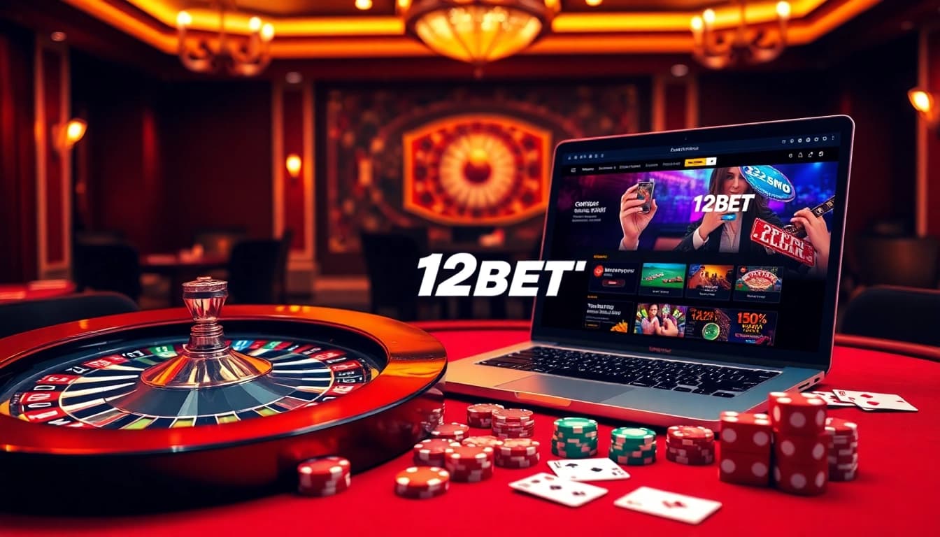 Experience thrilling online betting at 12BET, showcasing poker chips and roulette for excited gamblers.