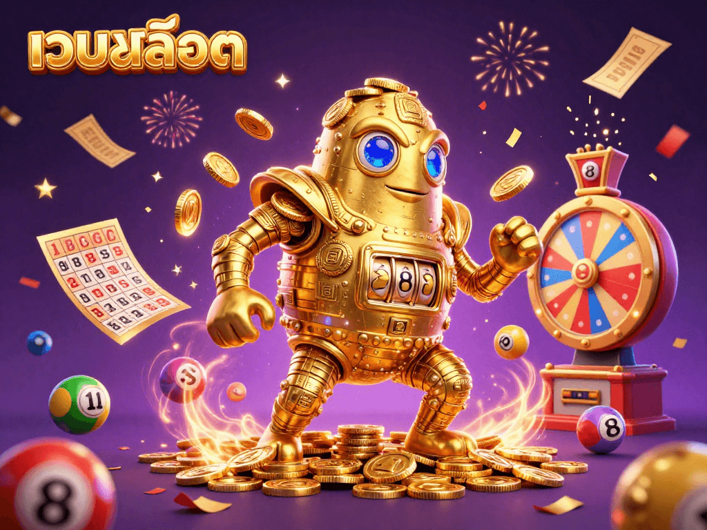 Engage with เว็บสล็อต as colorful lottery balls and premium casino elements celebrate luck and fortune.