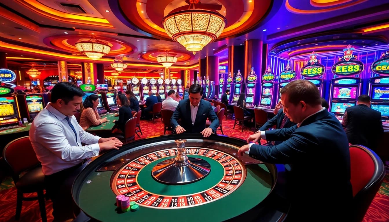 Experience the thrill of EE88 casino with players engaged in roulette and slot games in a vibrant atmosphere.