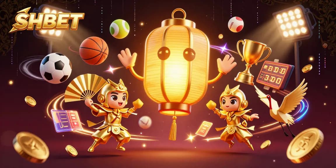 Engage with SHBET in a vibrant casino scene featuring a glowing lantern spirit and dynamic sports elements.