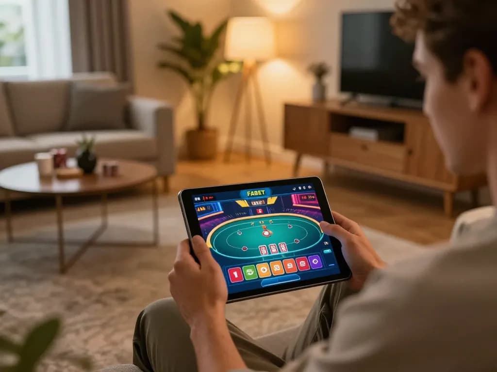 Player engaging with FABET online poker game on tablet in cozy living room.