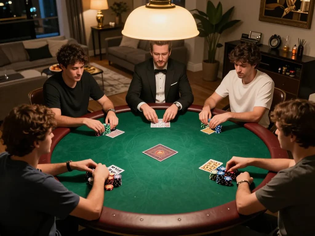 Players engaging in a high-stakes 789P poker game at a cozy table with snacks and drinks.