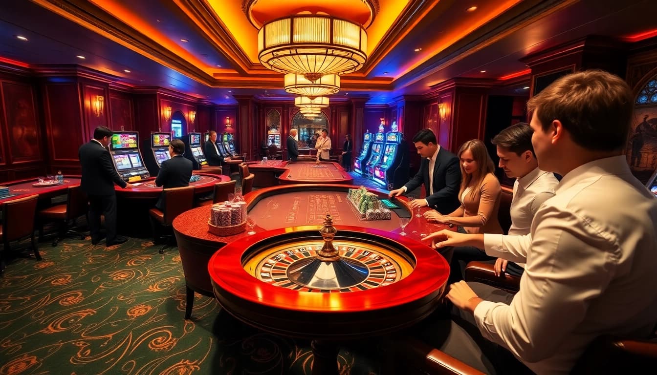 Engaging casino players enjoying the thrilling experience at https://mm88.observer/ with vibrant slot machines and poker tables.