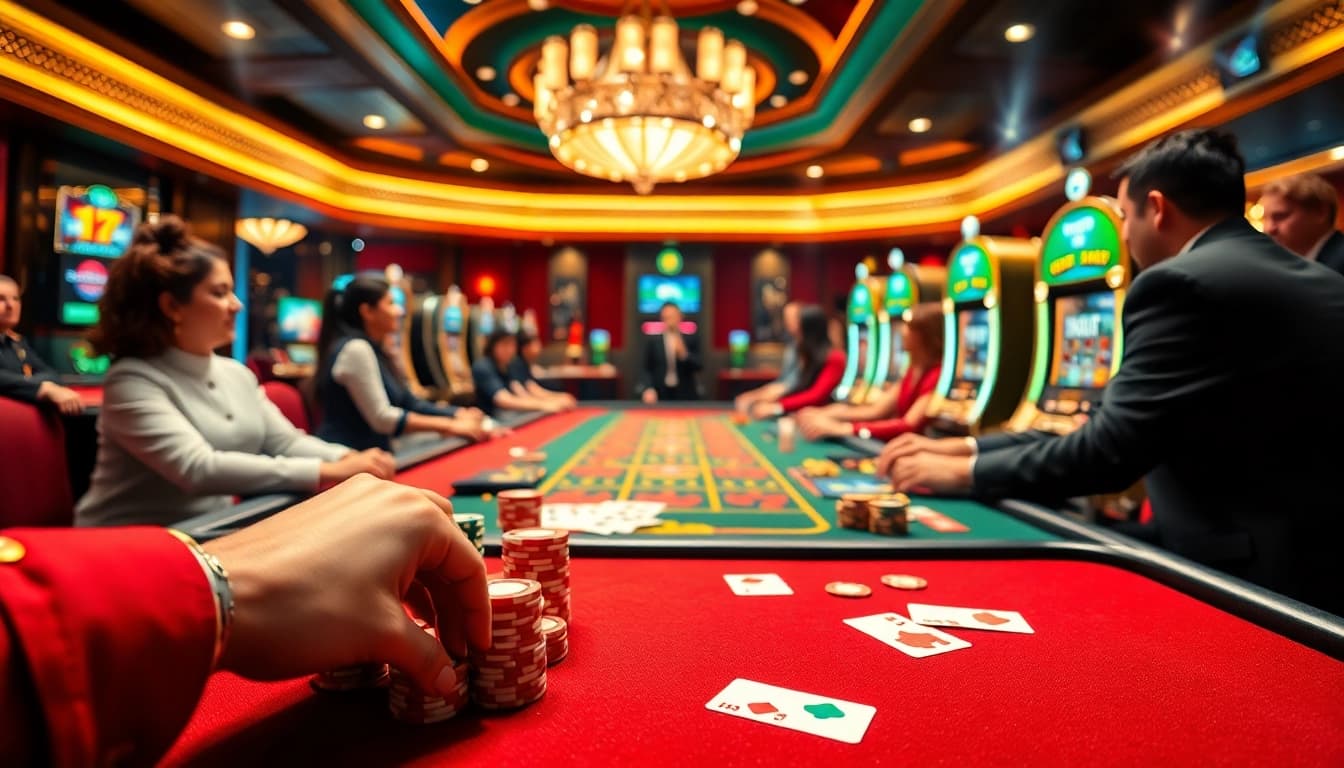 K88 casino scene showing players engaged at a lively gaming table with vibrant cards and chips.