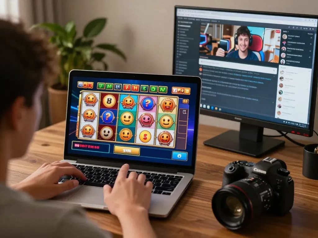 Engaging in slot dewa action on a laptop, showcasing excitement in a cozy home gaming setup.