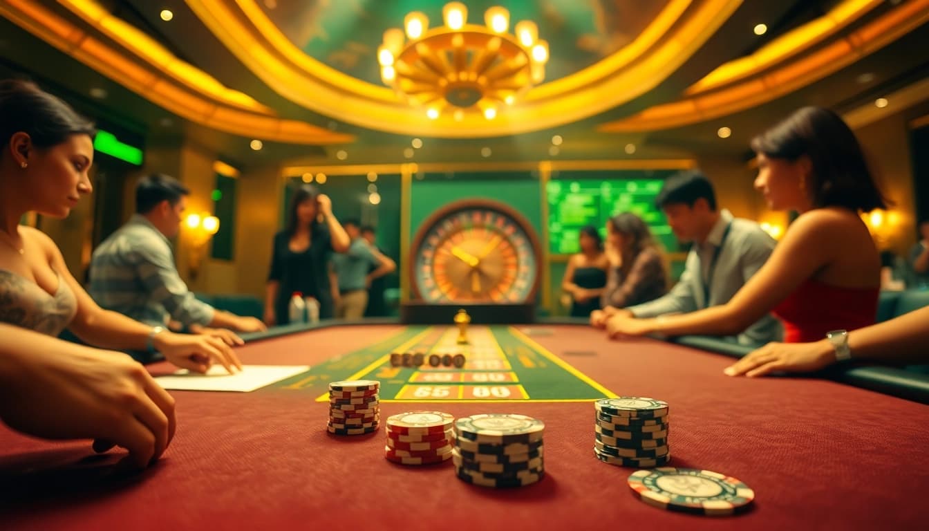 Exciting scene of EE88 gaming table with poker chips and cards in a luxurious casino setting.