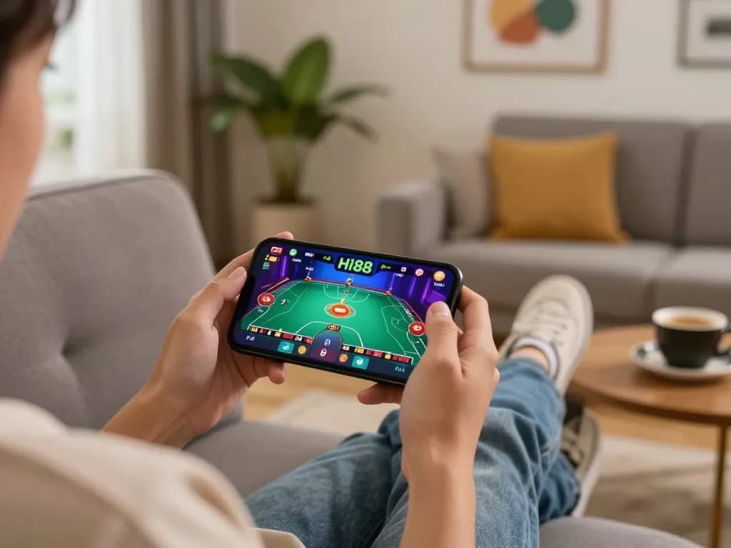 Play exciting games on hi88 mobile app in a cozy living room setting