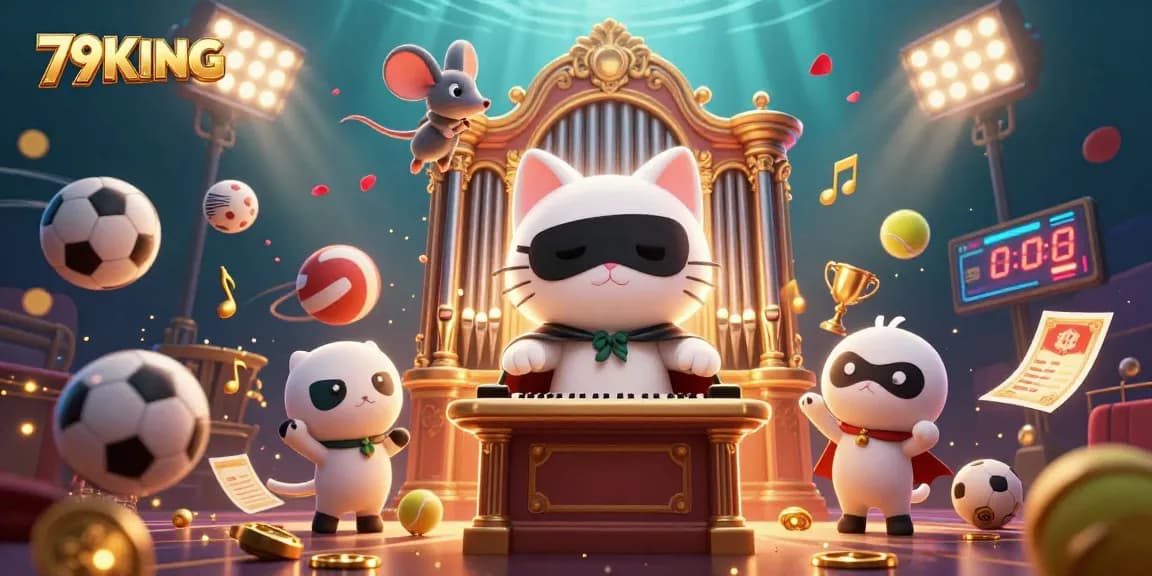 Engage with 79KING's energetic casino scene featuring cartoon characters and dynamic sports elements.