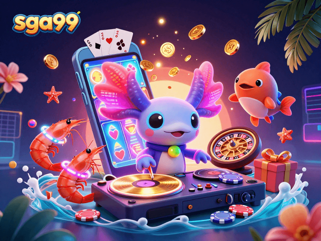 Play vibrant slots with sga99's neon axolotl DJ and lively underwater characters.