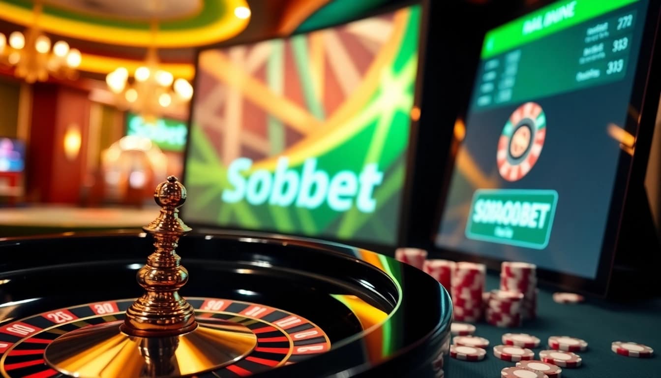SboBet link login interface displayed on a luxurious casino table with vibrant roulette wheel and poker chips.