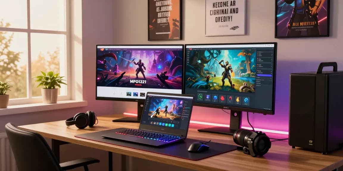 Pengguna MPO1221 terlibat dengan grafik permainan yang hidup di pengaturan laptop modern.