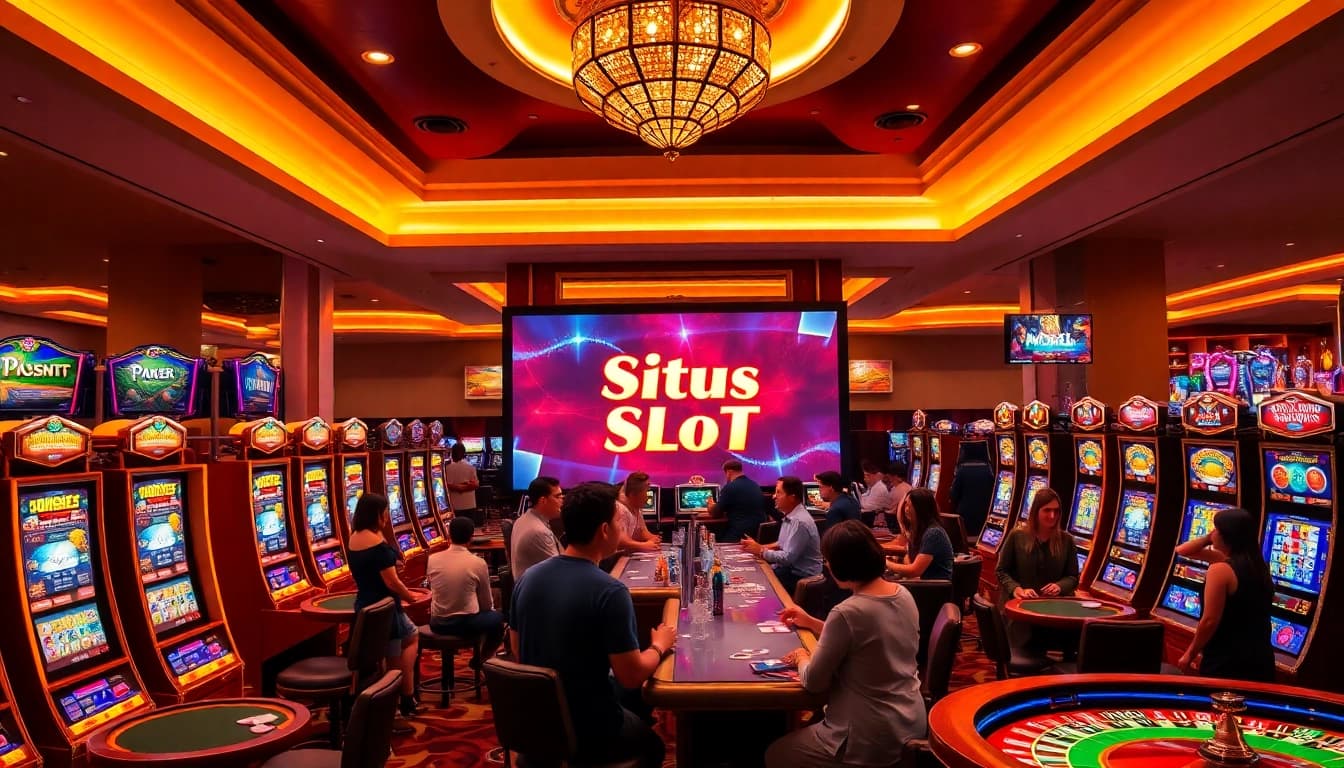 Situs Slot gaming scene displaying vibrant slot machines and excited players in a luxury casino.