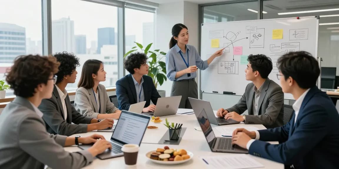 Team brainstorming in a modern office, showcasing teamwork in a small business.