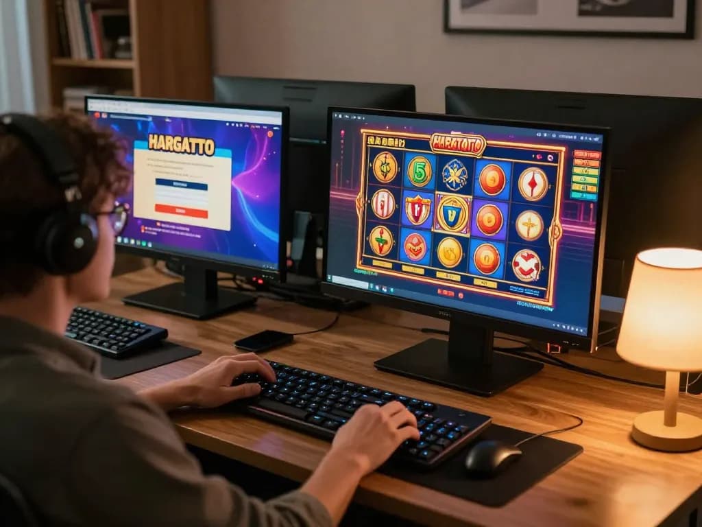 Adegan login HARGATOTO yang menarik dengan pengguna terlibat dalam gameplay slot online di rumah