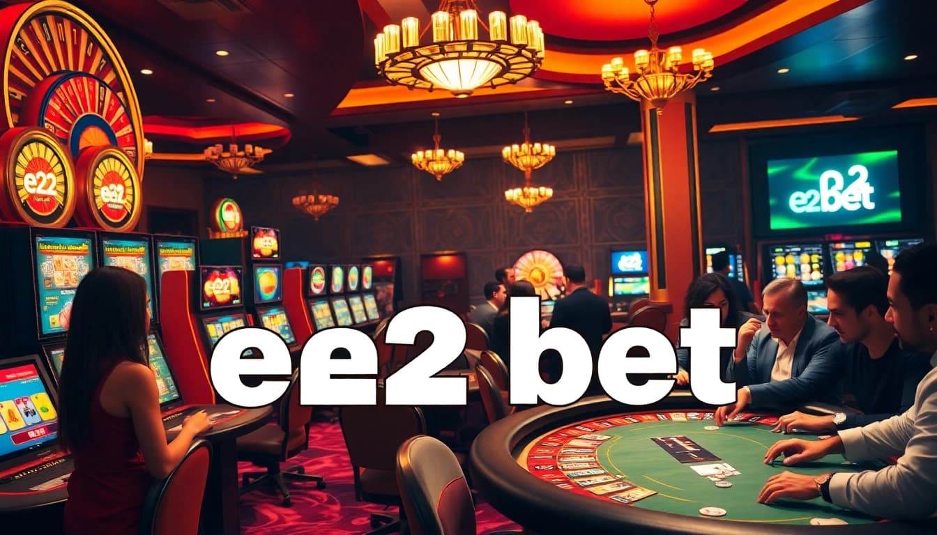 Experience the excitement of e2 bet at a luxurious casino setting with vibrant tables and players.