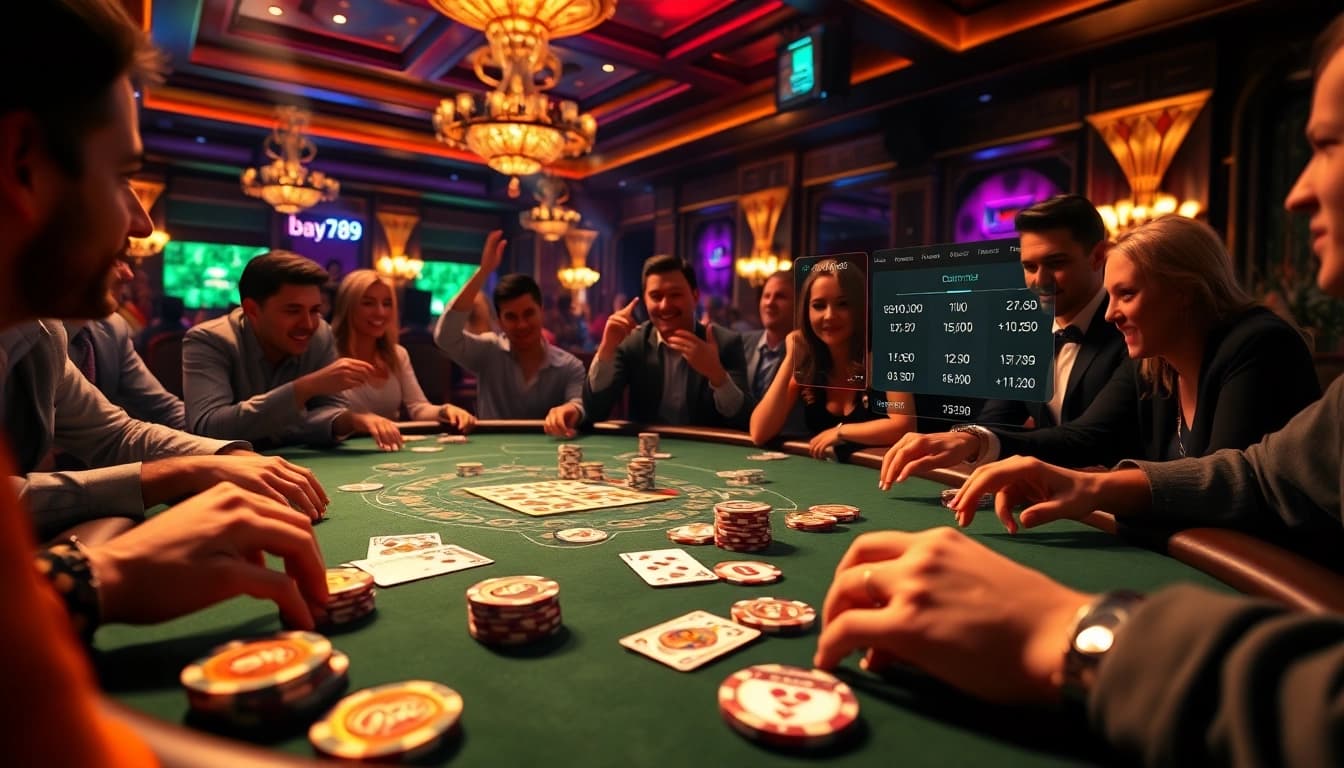 Experience the excitement of Bay789 with players at a high-stakes poker table, showcasing luxury and community.