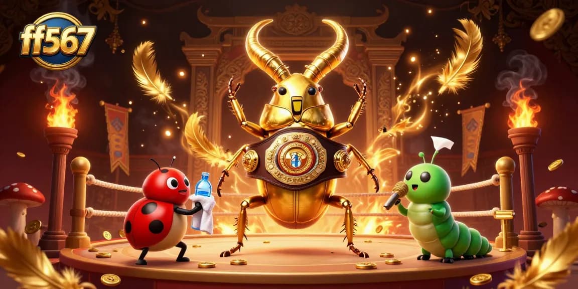 ff567 oferece uma ilustração digital 3D vibrante de cassino, destacando personagens de luta e elementos de apostas.