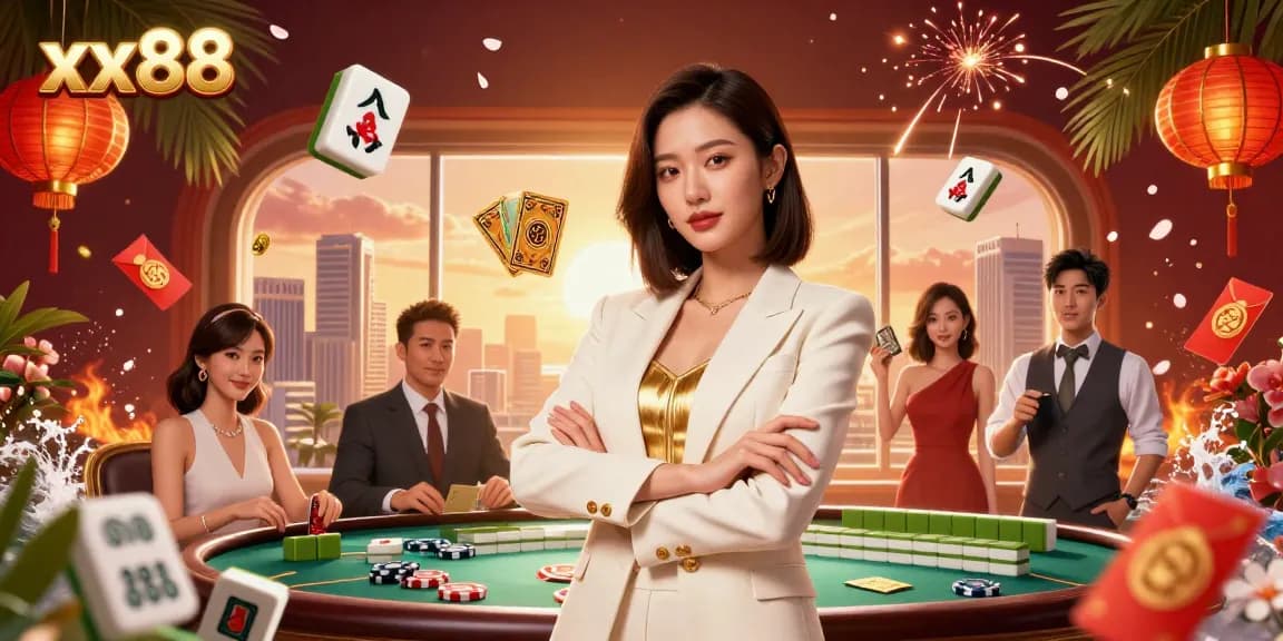 Engage with xx88’s premier casino experience while enjoying a glamorous Asian woman holding golden poker cards amidst exciting gaming elements and lush decorations.