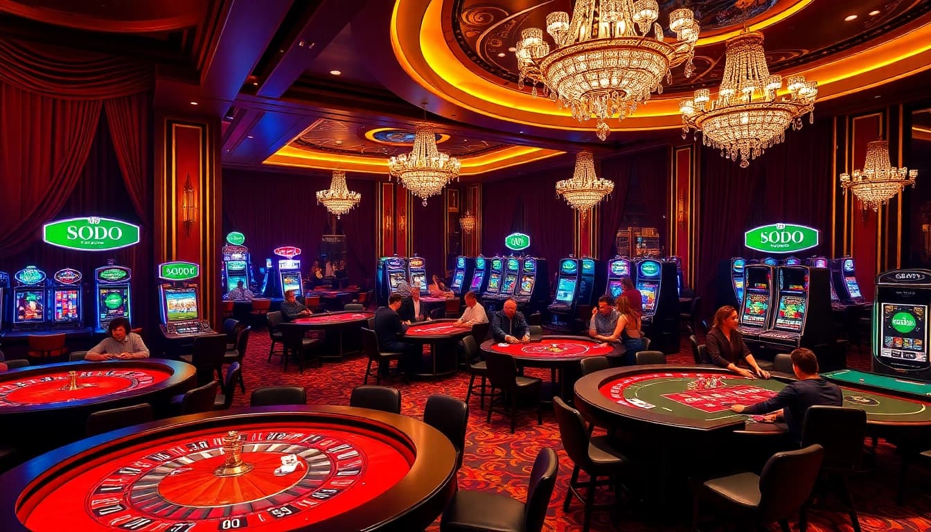SODO casino players enjoying thrilling roulette and poker games in a luxurious atmosphere