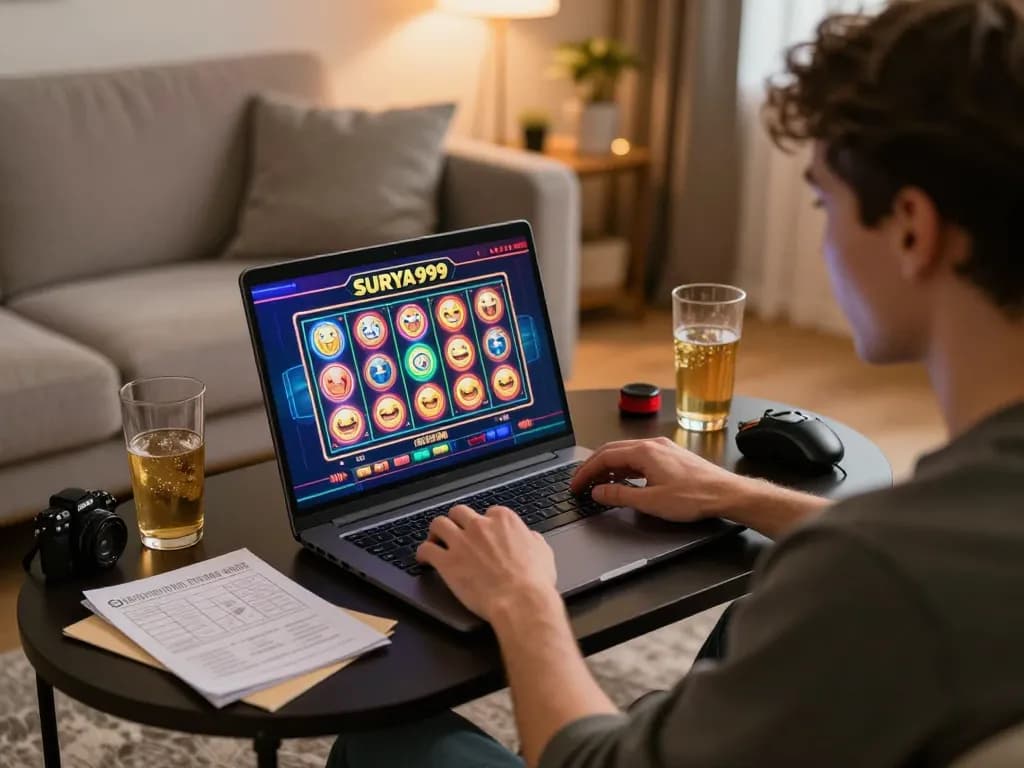 Sesi permainan online SURYA999 di ruang tamu yang nyaman dengan antarmuka yang menarik.
