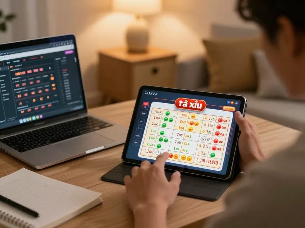 Engaging in tài xỉu online gameplay on a tablet, cozy home setting with strategic notes visible.
