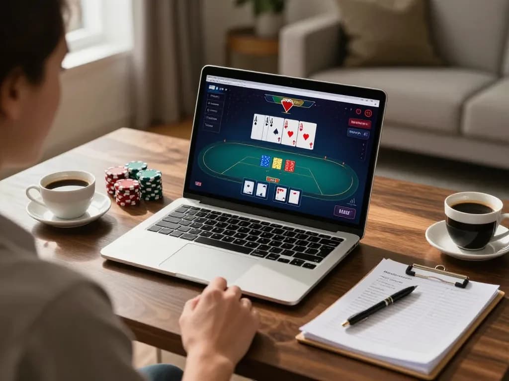 Player analyzing poker strategies at home during 789win vom gaming session with laptop and notes.