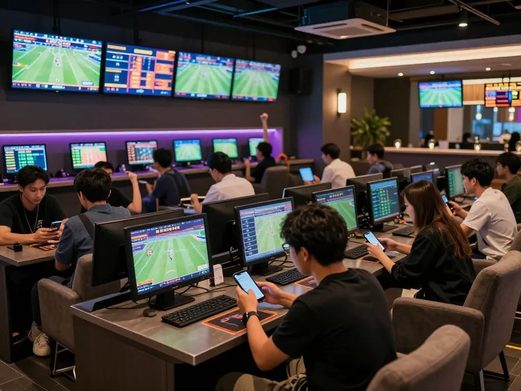 Engaged bettors analyzing kèo nhà cái odds in a lively sports lounge atmosphere.