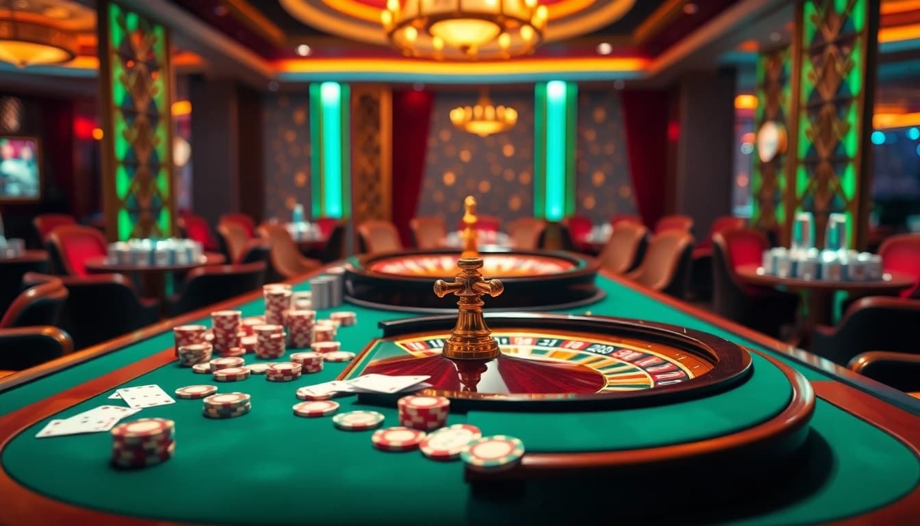 Experience the excitement at https://lv88.ltd/ featuring a 4K casino scene with poker chips, cards, and roulette wheel.