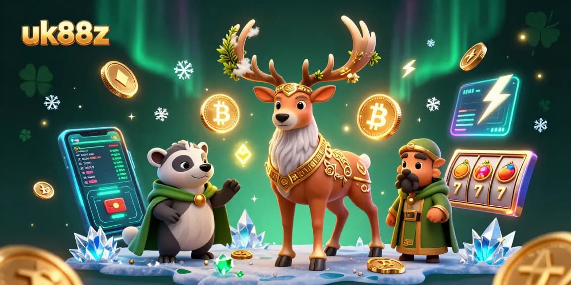 Spin and win at uk88z with a Celtic druid, wise badger, and crypto elements in a vibrant casino scene.