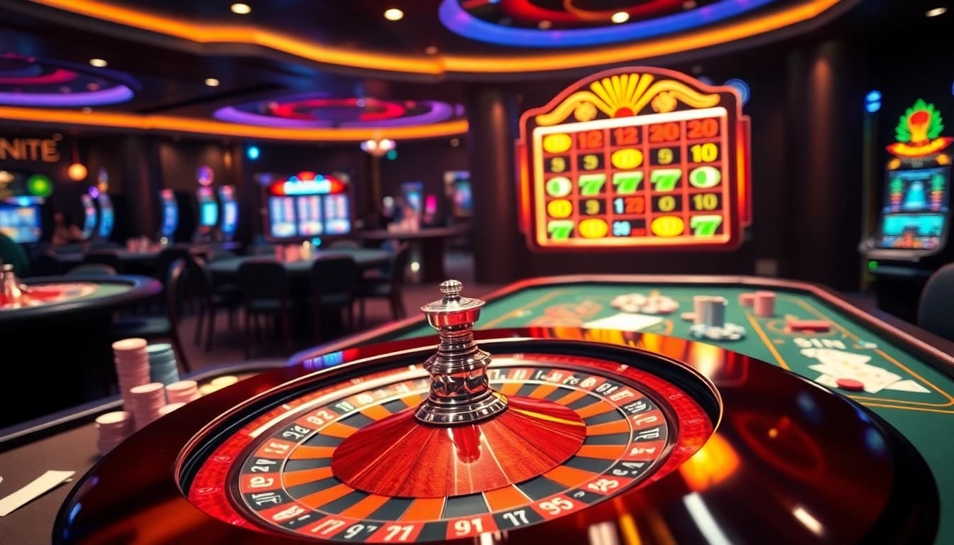 Engaged players enjoying the excitement of gambling at https://good88k.co/ casino tables with vibrant colors and luxurious design.