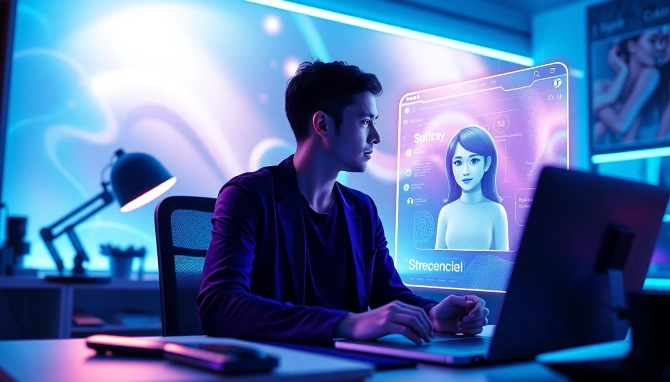 AI chat porn interaction illustrating a futuristic digital workspace with an engaging AI character.