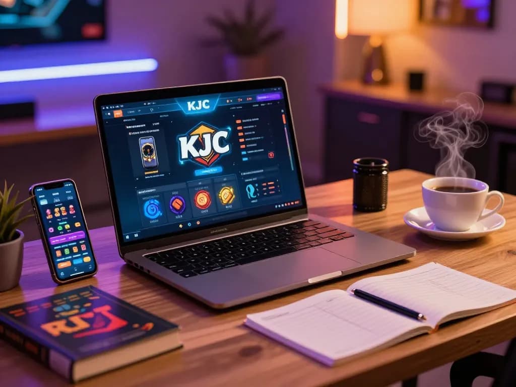 KJC online gaming session with player engaging on laptop in vibrant home setup