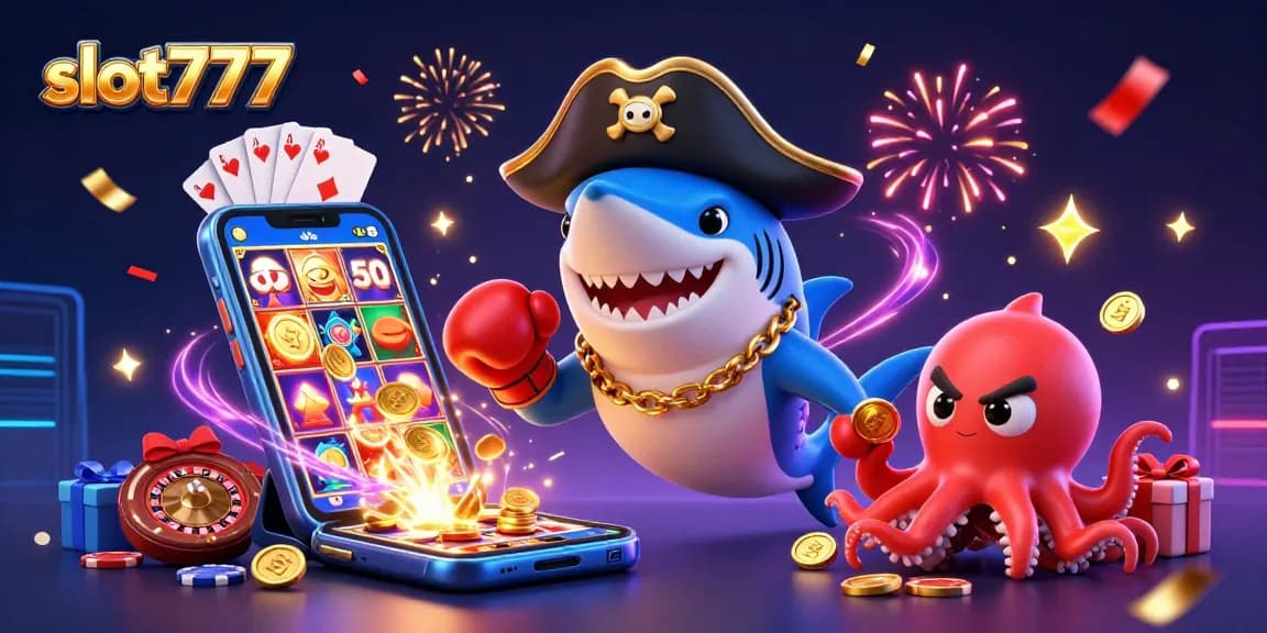 Experience thrilling slot777 action with pirate shark, pufferfish, and octopus in a vibrant casino scene.
