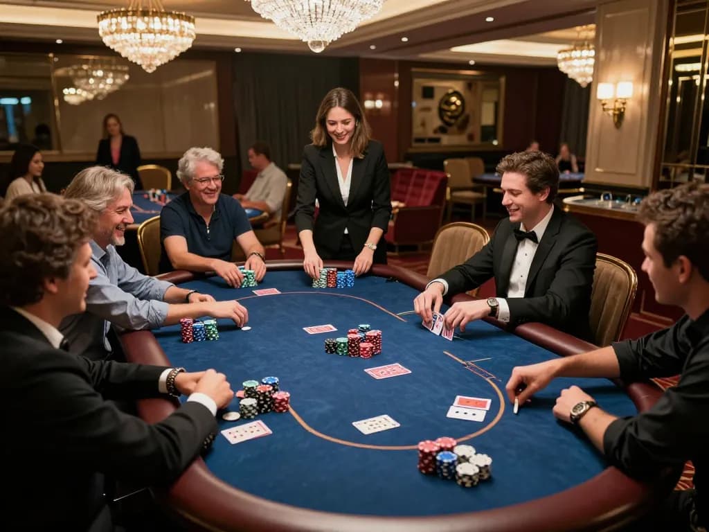 Players engaging in a high-stakes poker game at xo88 casino table, showcasing chips and excitement.
