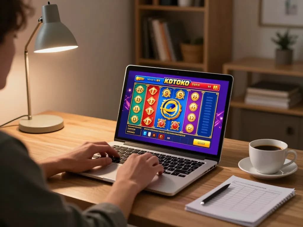 KDTOTO player engaging with Toto Slot games on a laptop in a cozy home gaming setup.