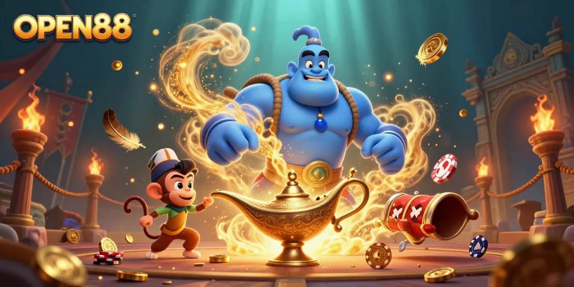 Engage with OPEN88 as the genie reveals casino treasures in a vibrant, magical scene.