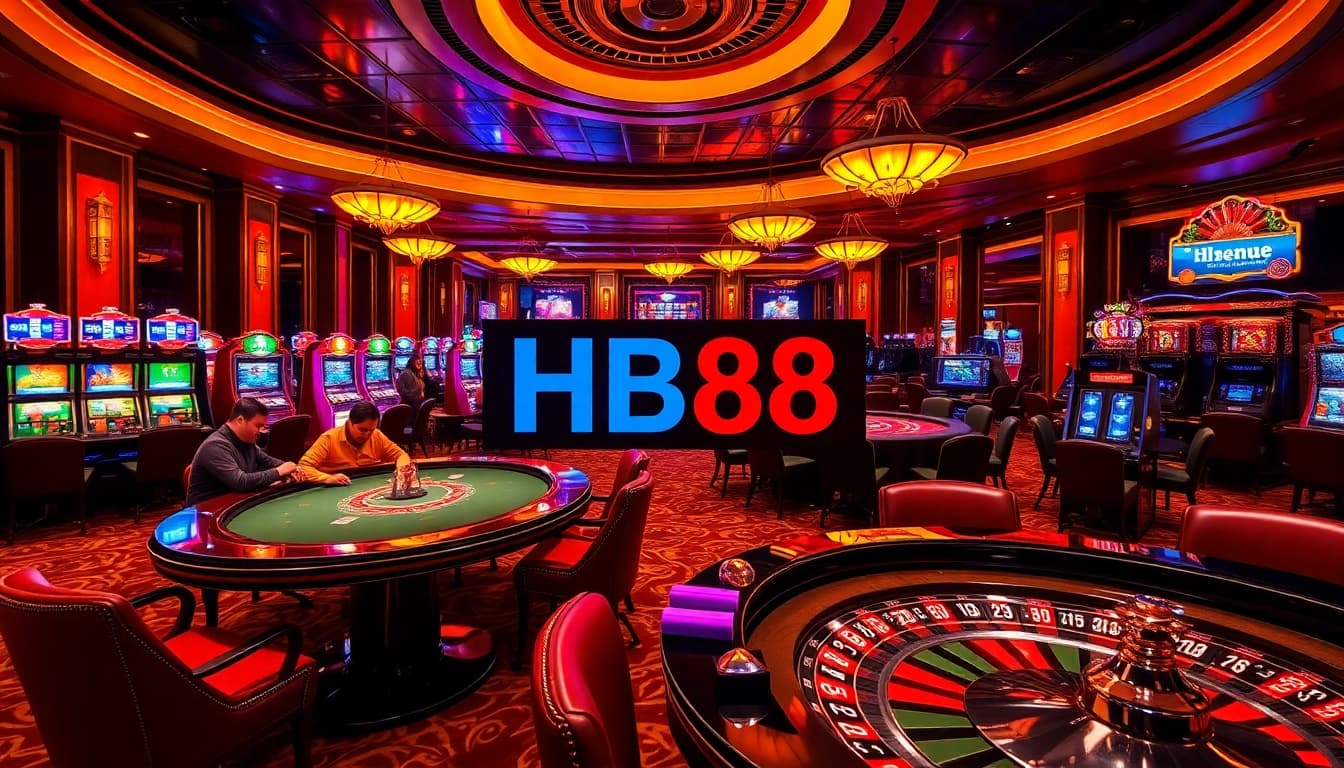 Exciting casino scene featuring HB88 with players at poker and roulette tables, enhancing gambling experience.