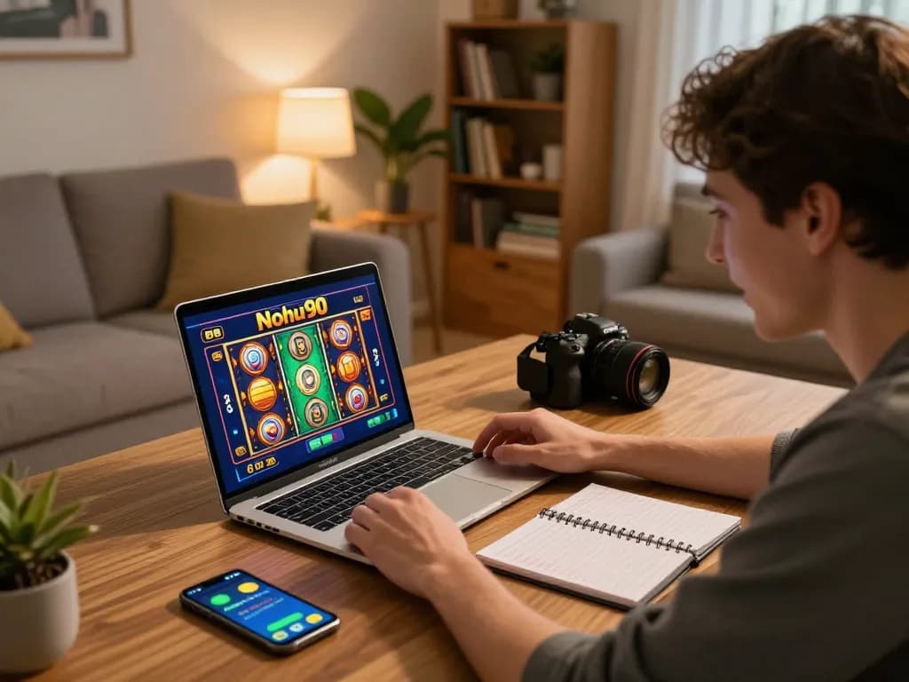 Nohu90 player engaging in online slot games in a cozy home atmosphere, highlighting strategic gameplay and excitement.