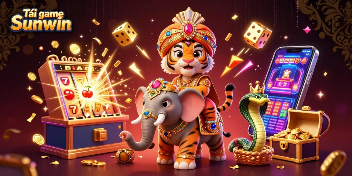 Experience the thrill of Tải game Sunwin with a vibrant 3D illustration showcasing excitement and rewards.
