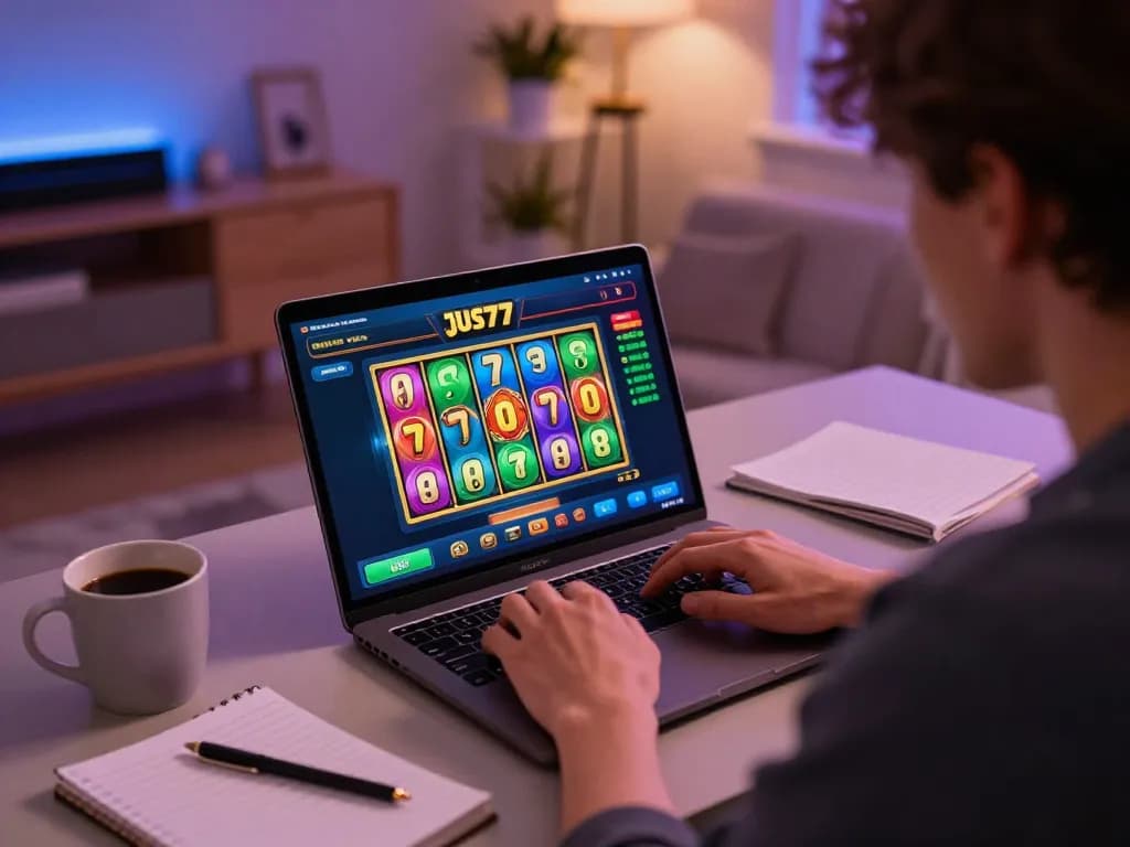 Pemain terlibat dengan slot online jus77, menampilkan gulungan berwarna-warni dan kegembiraan taruhan.