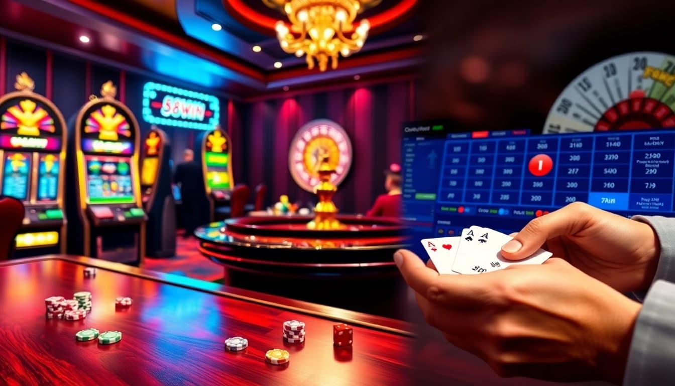 Engaging scene of 58win casino with vibrant tables, colorful chips, and online gambling excitement.