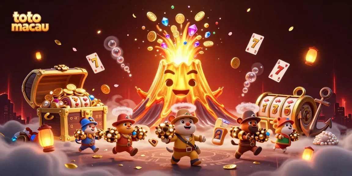 Experience the thrill of toto macau with this vibrant 3D casino illustration showcasing a golden volcano erupting treasures.