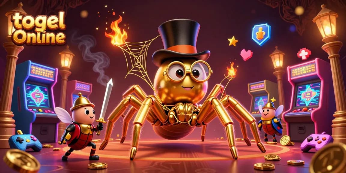 Play exciting togel online as a giant golden tarantula weaves its web amidst vibrant casino game machines.