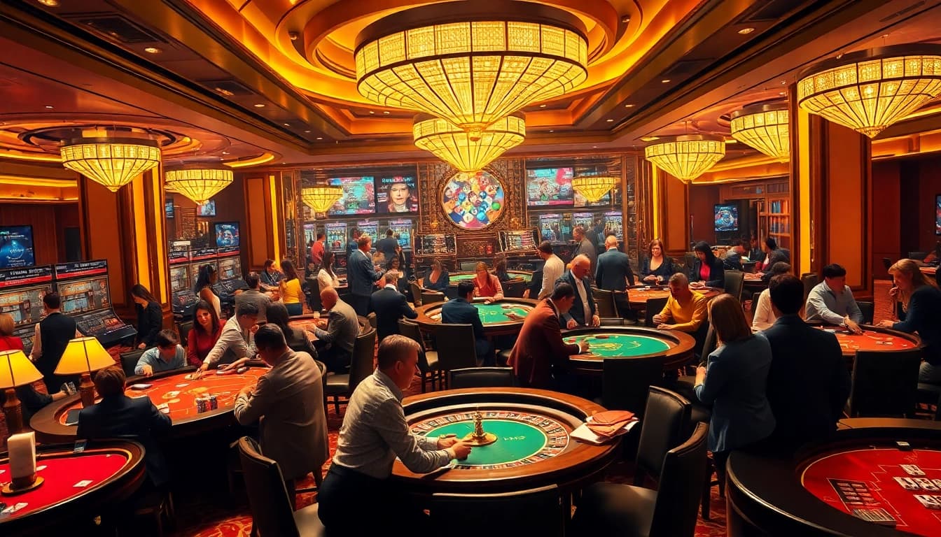 Experience a vibrant casino scene showcasing responsible gambling, inspired by https://nhacaiuytin.us.com/.
