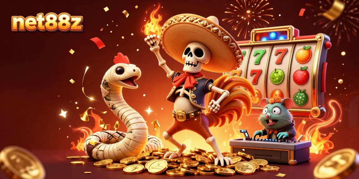 Experience net88z's vibrant slot scene with dancing characters and golden confetti.