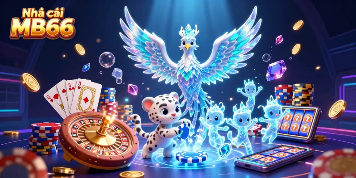 Nhà cái MB66 showcases an epic 3D casino scene with a phoenix, leopard, and ice sprites.