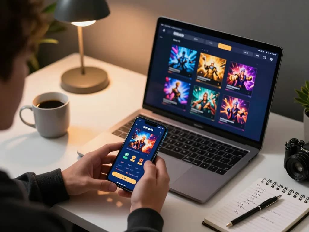 Player enjoying Sunwin casino app on smartphone in a cozy modern setup