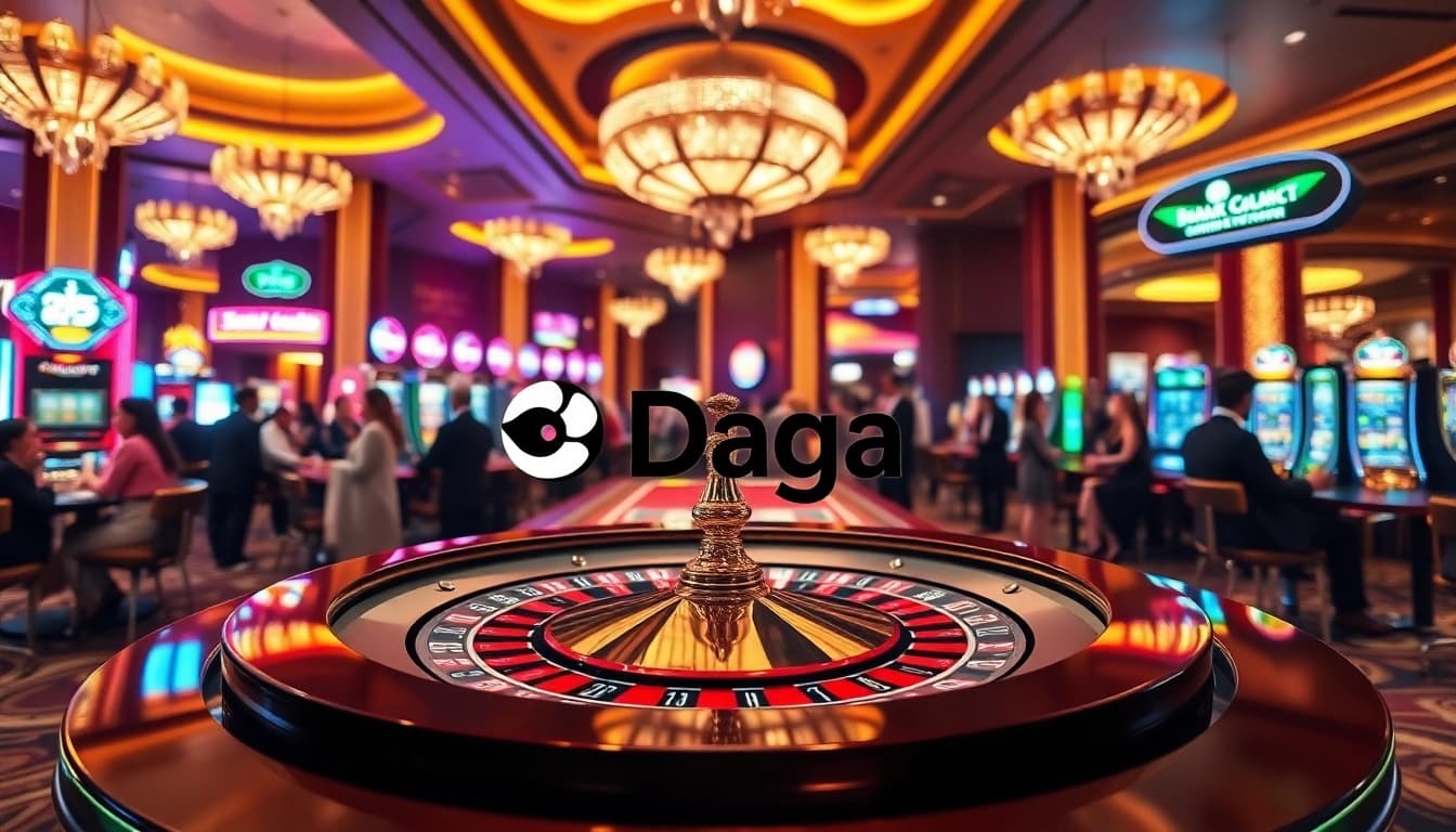 Daga logo featured on a vibrant casino scene with players enjoying roulette and card games.