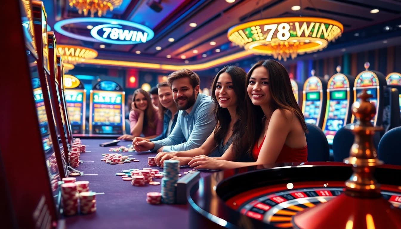 Experience the thrilling world of online gambling with 78WIN's vibrant casino scene featuring poker chips and slot machines.