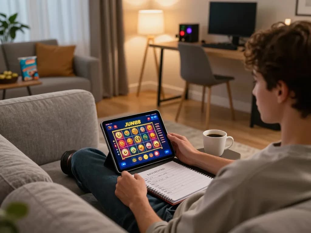 Player engaging with the JUN88 app on a tablet during a cozy home gaming night.